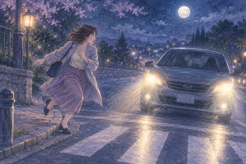 夜道で迫る車を間一髪で避ける人物
