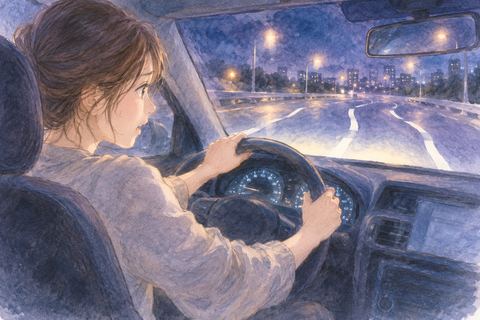 ハンドル操作がうまくいかず焦る人物の車内