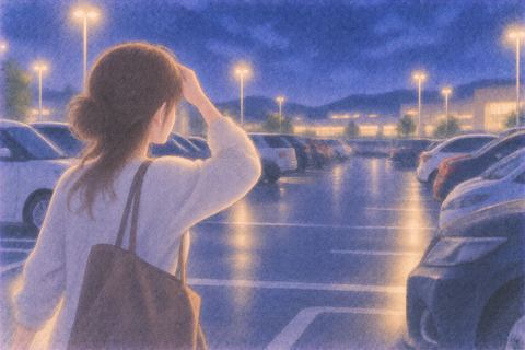 夜の広い駐車場で自分の車を探す人物