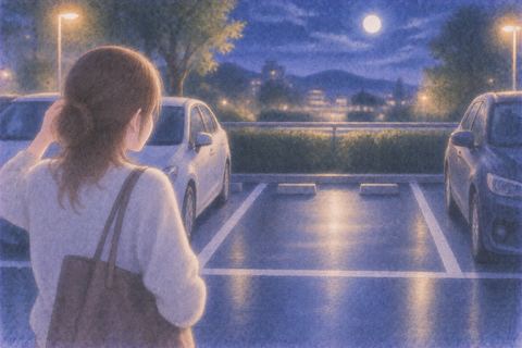 車があったはずの空いた駐車スペースを見る人物