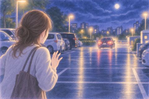 夜の駐車場で遠ざかる自分の車を見て驚く人物
