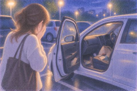 夜の駐車場で車内が荒らされているのを見る人物