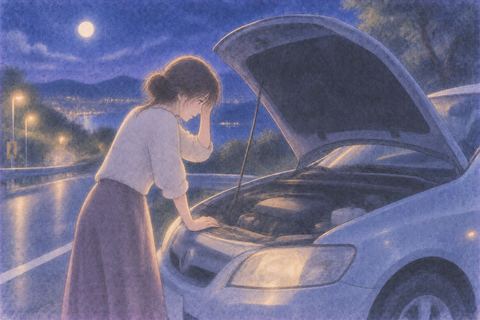 夜道で故障して止まった車を見る人物