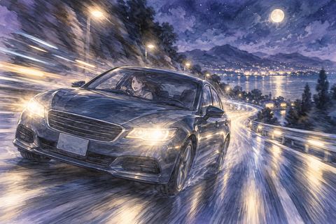 夜道を速いスピードで走る車と運転席の人物