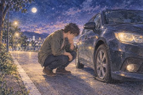 夜道でパンクしたタイヤを確認する人物
