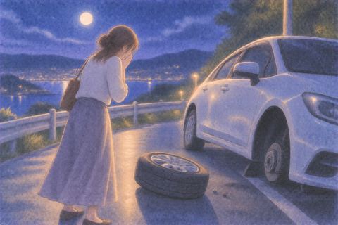 夜道で車から外れたタイヤを見る人物