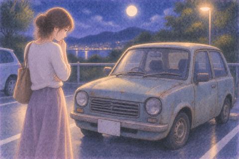 古びた車を月明かりの下で見つめる人物
