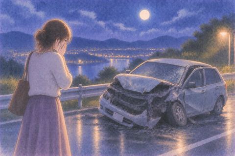 大きく壊れた車を遠くから見つめる人物の夢