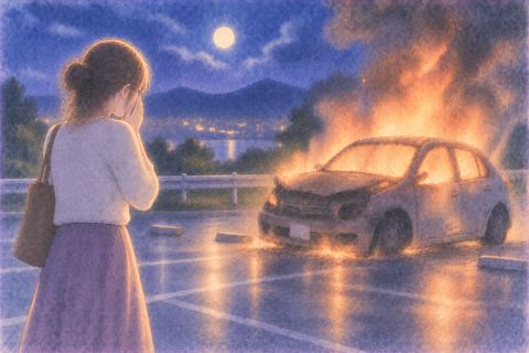 夜に淡い炎に包まれる車を見つめる人物
