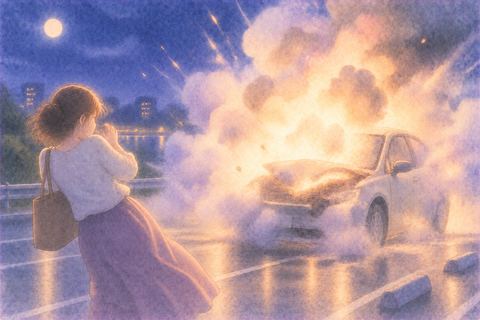 夜の車が光と煙に包まれる爆発の夢