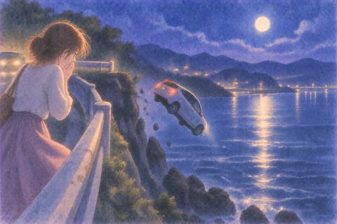 月夜に車が水面へ落ちていく夢
