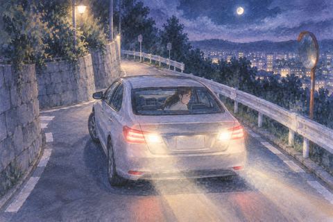 夜の道路で後ろ向きに進む車の夢
