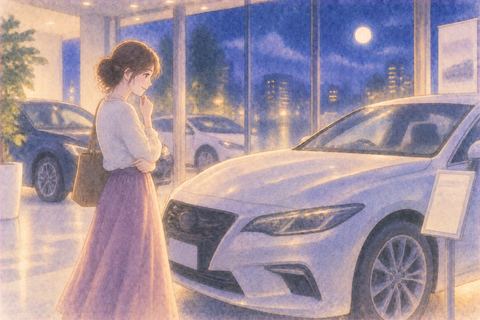 夜のショールームで車を選ぶ人物の夢