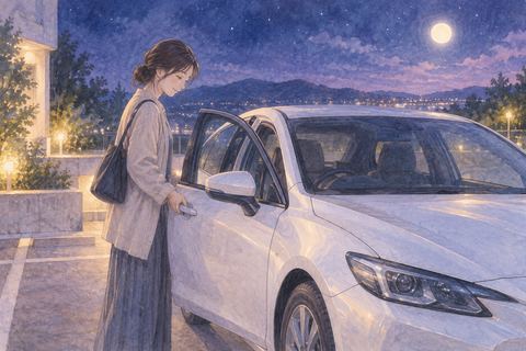 新しい車へ少し緊張しながら乗り込む人物
