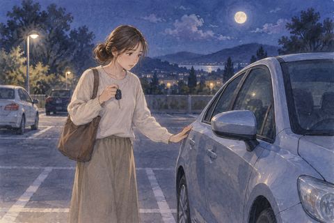 借りた車の鍵を持ち少し緊張する人物
