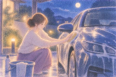 夜の柔らかな光の中で車を洗う人物