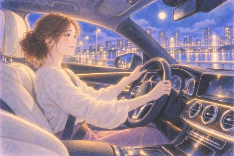 夜の高級車に乗る大人の人物の夢