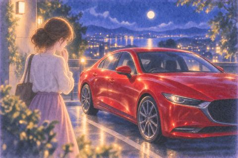 夜の光の中に停まる鮮やかな赤い車