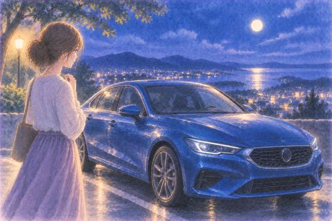 静かな夜道に停まる青い車