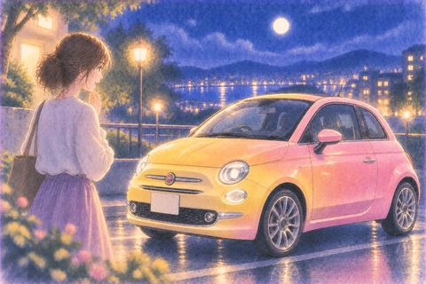夜の街に停まる黄色とピンクの印象的な車の夢