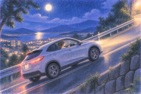 月夜の急な坂道を上る車の夢