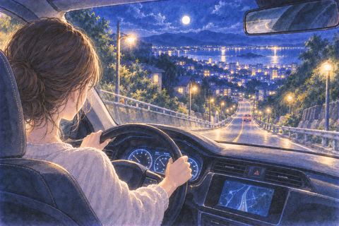 夜の下り坂を走る車の夢