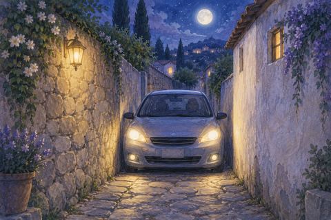 夜の狭い道を慎重に走る車の夢