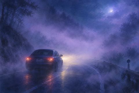 霧の夜道をヘッドライトで進む車の夢