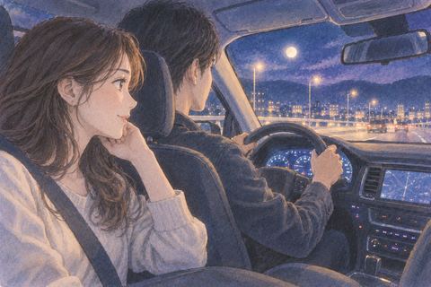 夜の車で助手席に座り運転者の隣を見る人物