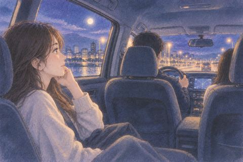 夜の車の後部座席に座る人物