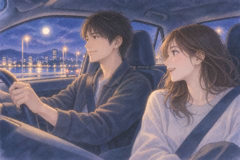 夜の車内で家族や異性と並んで乗る人物