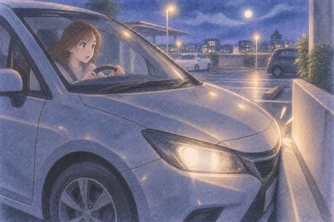 夜の駐車場で車を軽くぶつけて驚く人物