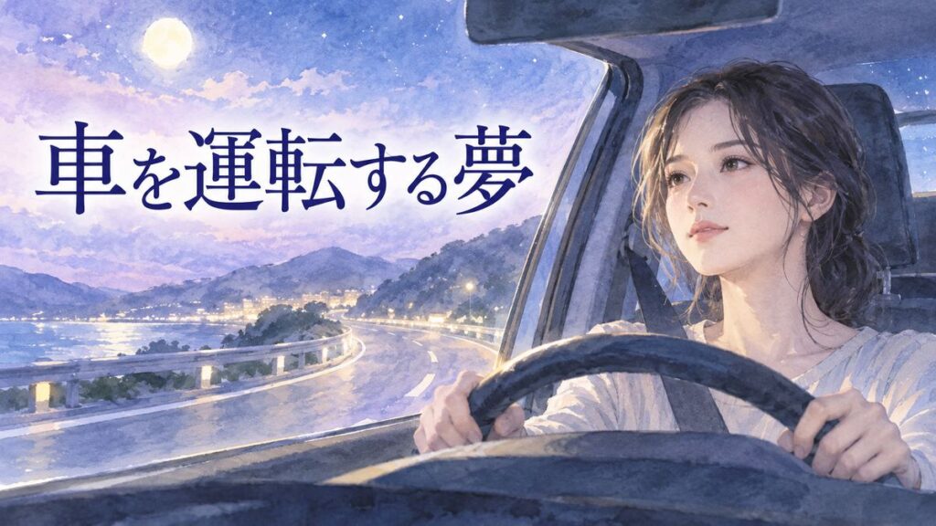 月明かりの夜道を運転する大人の女性と車