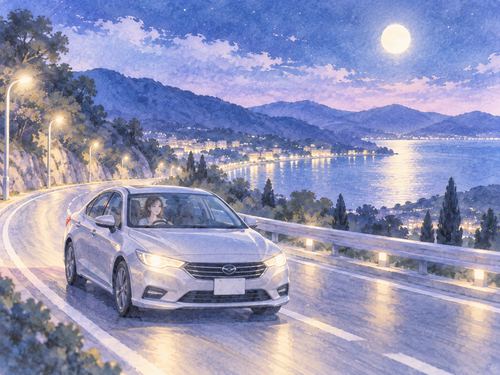 穏やかな夜道を落ち着いて運転する車