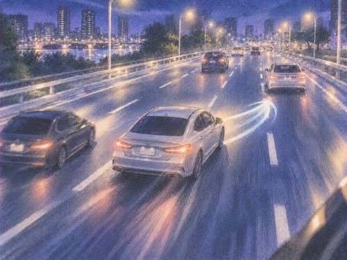 夜道で急な車線変更をする車