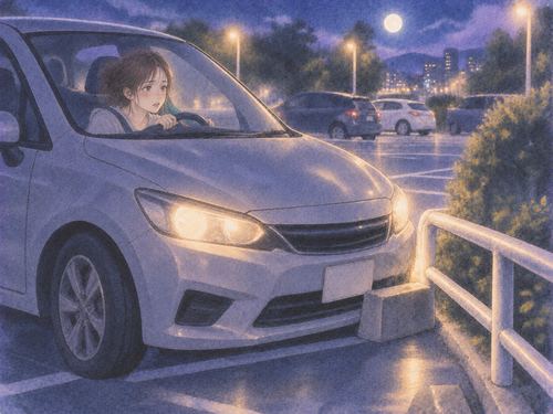 駐車場で車の前部が低い柵に軽く触れた場面