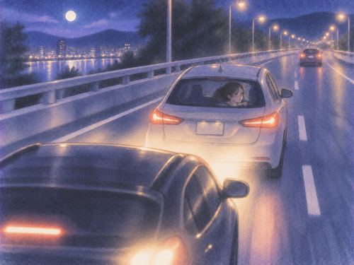 夜道で後ろの車に距離を詰められて運転する車