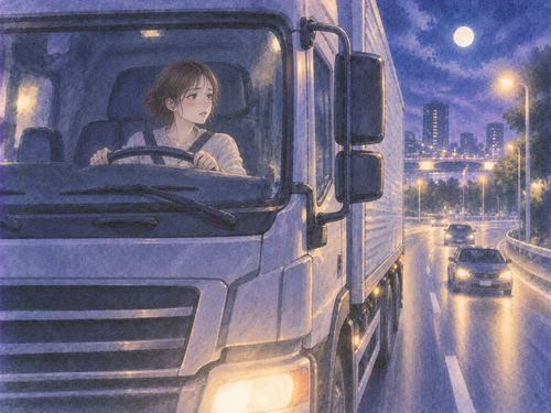 夜道で大きな車を慎重に運転する人物