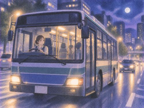 夜の街を乗客を乗せたバスで運転する場面