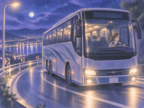 大きな観光バスを夜道で慎重に運転する場面