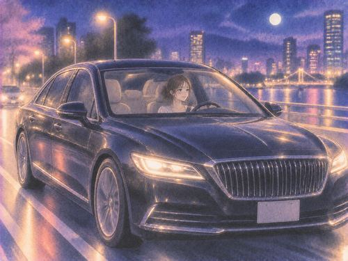夜の街で上品な高級車を運転する人物