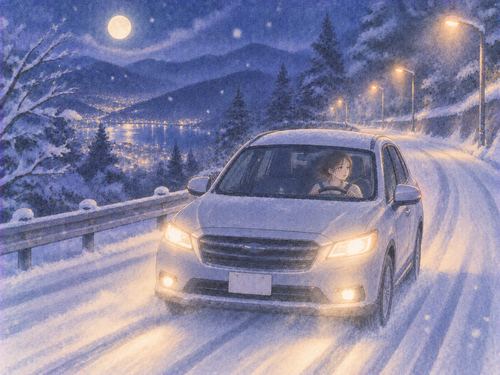 月明かりの雪道をゆっくり走る車