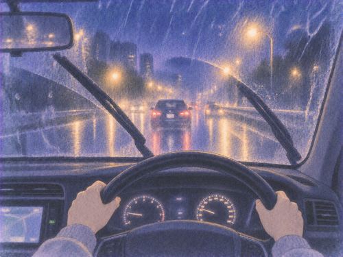雨の夜にワイパーを動かしながら運転する車