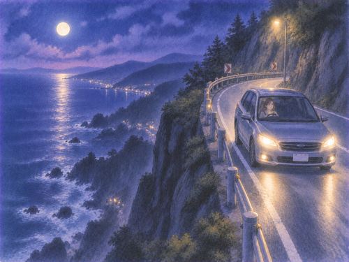 夜の崖沿いの細い道を慎重に走る車