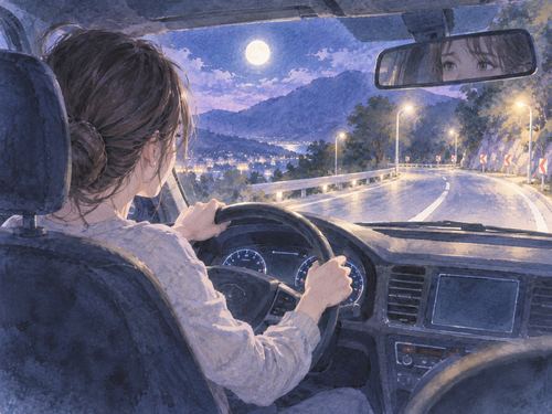 夜道でハンドル操作に戸惑う運転席の人物