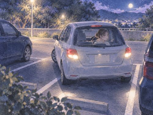 夜の駐車場で後方を確認しながら車をバックさせる場面