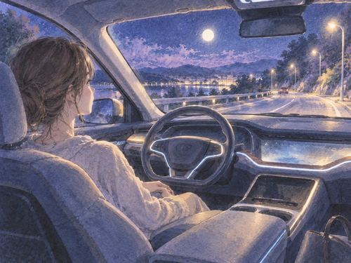 夜道を自動運転で進む車内の穏やかな場面
