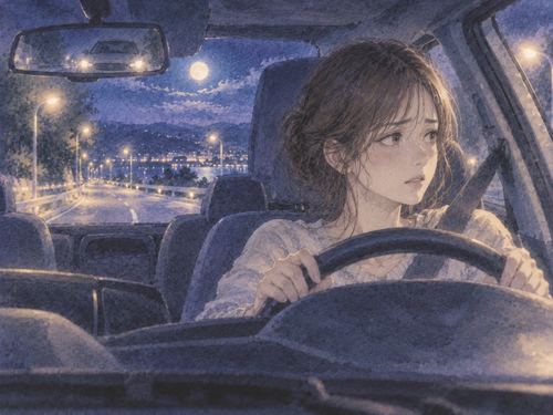 夜道で不安そうに車を運転する人物
