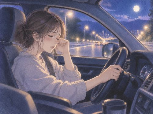 夜の車内で眠気をこらえながら運転する人物