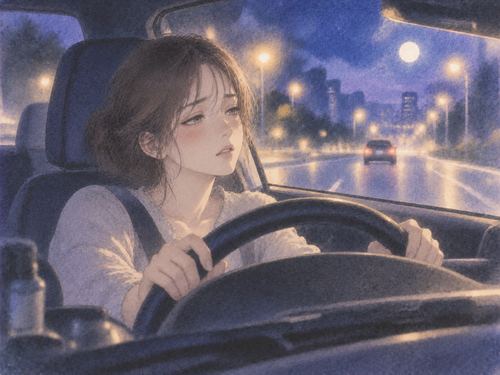 夜道で不安定な感覚のまま車を運転する人物